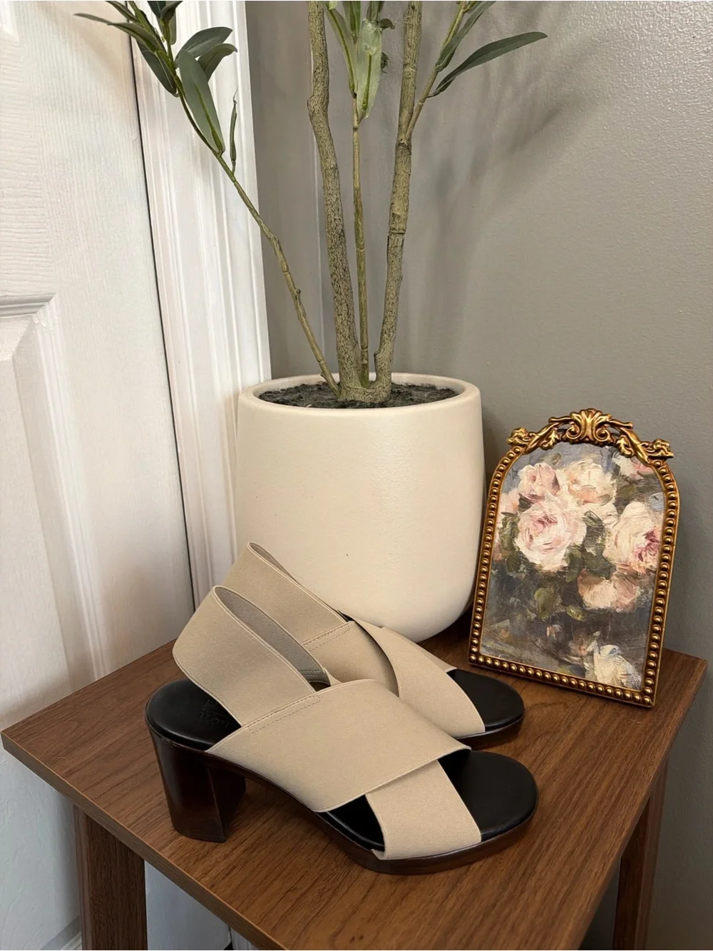 Ron White Rapisardi Beige Stretch Slingback Block Heel Sandals EU 37 Italy